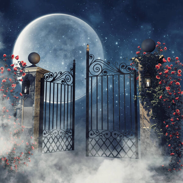 Foggy scene with a gothic gate and rose vines at night