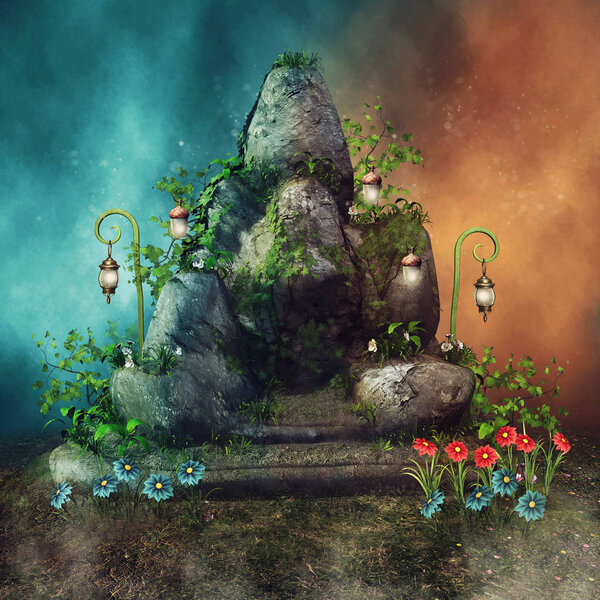 Colorful landscape with a fantasy rock with lanterns and flowers