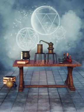 Alchemical objects on a table clipart