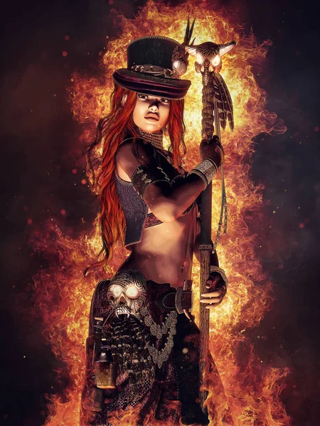 Sorceress with a skull staff — Stock Photo, Image