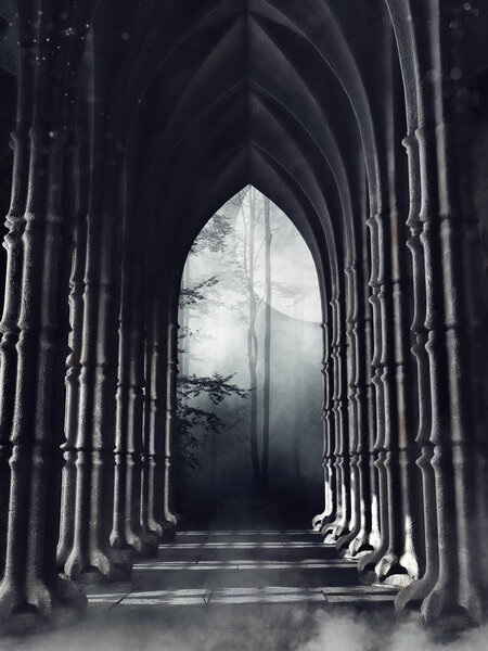 Dark gothic corridor with columns leading to a forest at night