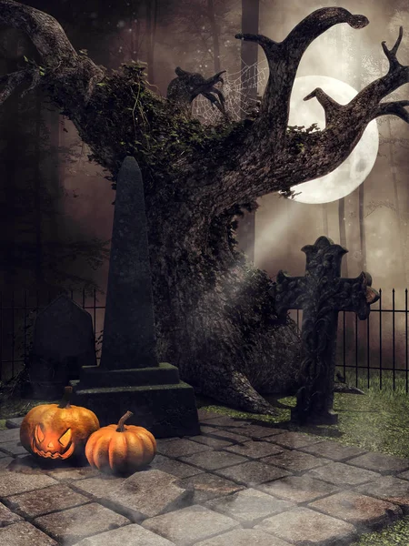 Dark graveyard with pumpkins — Stock Photo, Image