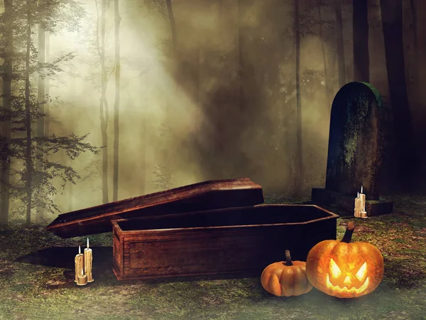 Coffin and Halloween pumpkins — Stock Photo, Image