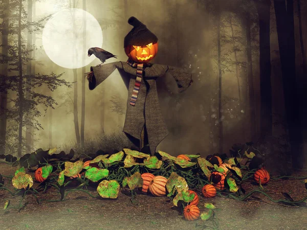 Halloween scarecrow and raven — Stock Photo, Image