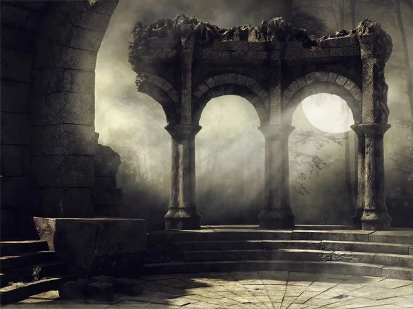 Full moon scene with old ruins