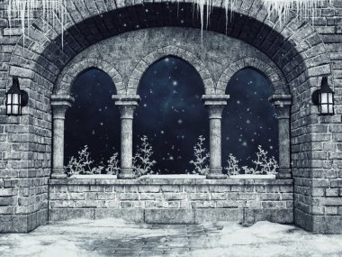 Gotik kalenin penceresinde fenerler, kış çalılar ve buz sarkıtları ile