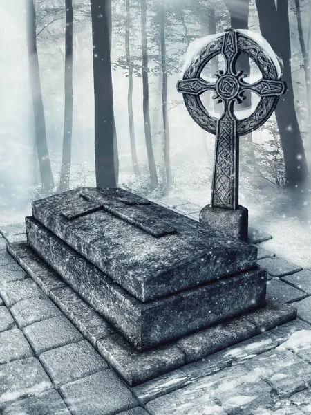 Stone Hrobky Kříž Zasněženém Lese Zimě — Stock fotografie