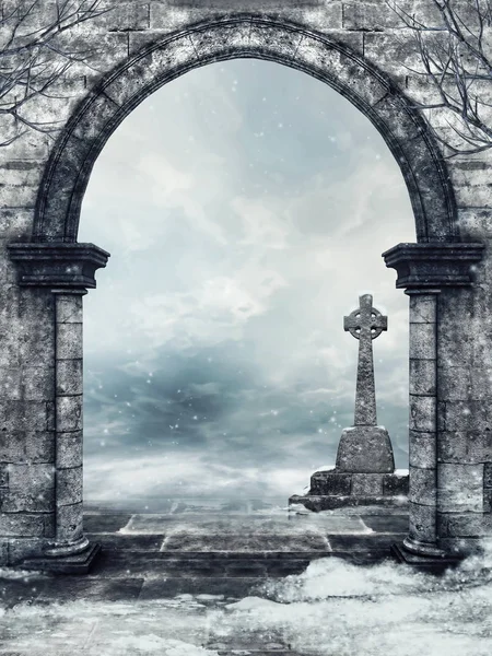 Puerta Del Cementerio Piedra Una Lápida Invierno —  Fotos de Stock