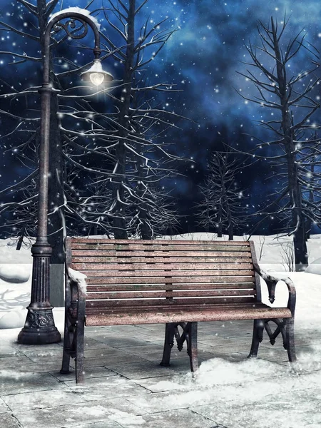 Winter Park Bench Lantern Tall Trees — Stock Photo, Image