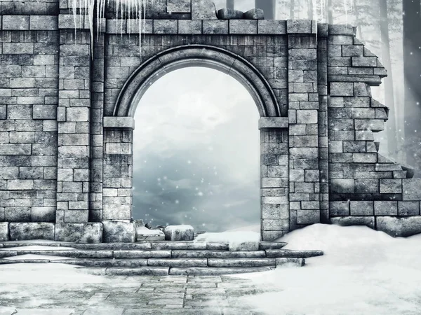 Разрушенные Ворота Замка Снегом Сосульками Зимнем Лесу — стоковое фото