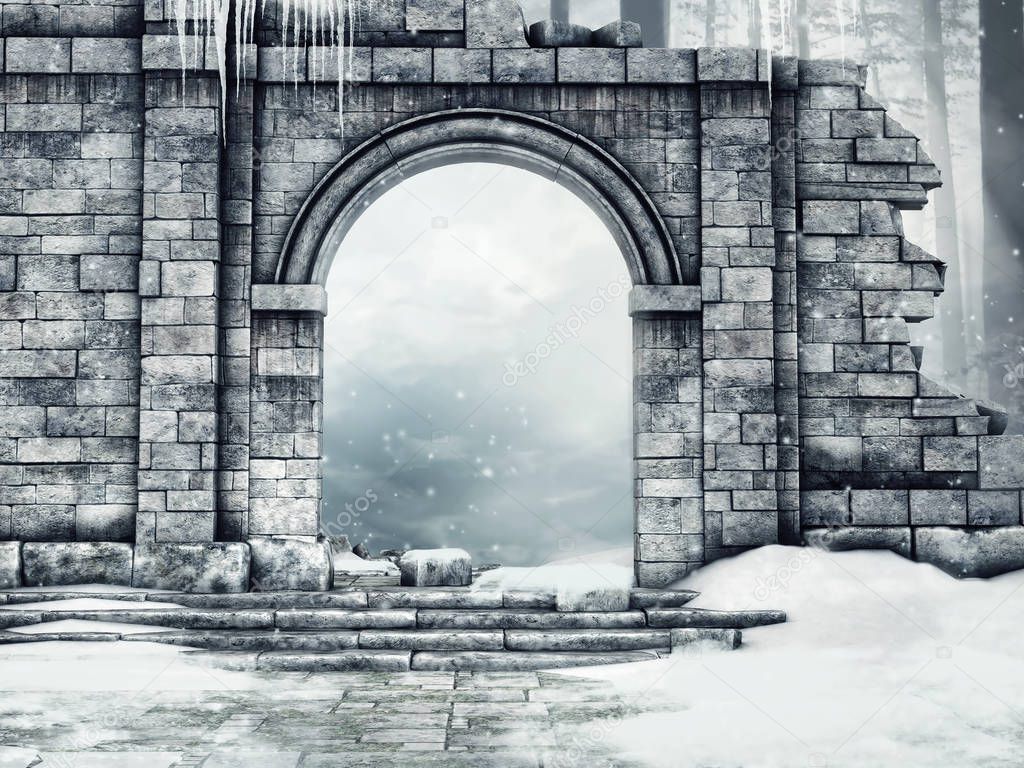 Ruined castle gate with snow and icicles in a winter forest