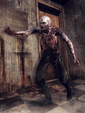 Fantezi zombi bir eski terk edilmiş evde. 3D render.