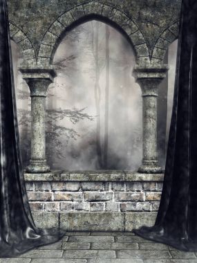 Taş bir Gotik kemer ve siyah perde ile karanlık sahne. 3D render.