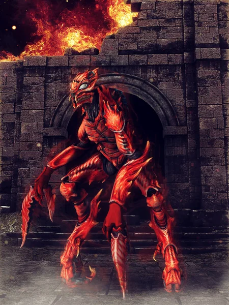 Red Scorpion Demon Standing Burning Ruins Render — Stock Photo, Image