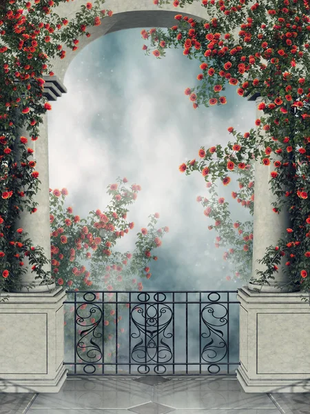 Φαντασία Αψίδα Μπαλκόνι Και Πολύχρωμο Τριαντάφυλλο Αμπέλια Καθιστούν — Φωτογραφία Αρχείου