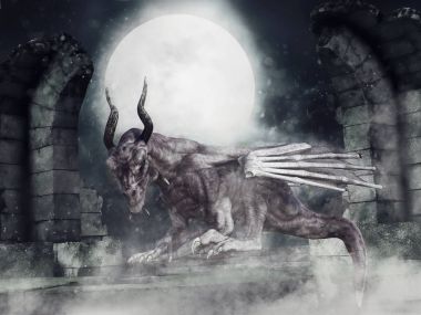 Gece sahne bir duvar kale arasında oturan bir zombi ejderha ile mahveder. 3D render.