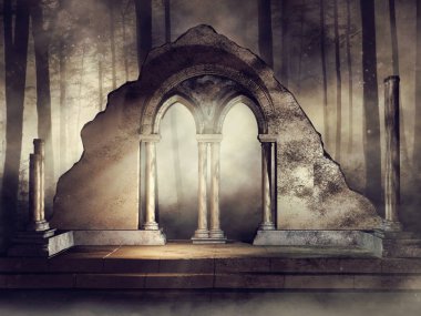 Gece sahne bir yıkık duvar ve orman penceresinde. 3D render.