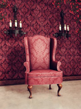 Eski bir koltuk, süslü Aplikler ve gül üzüm ile koyu pembe vintage odası. 3D render.