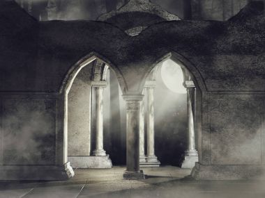 Gece ormanda antik bir taş tapınak kalıntıları. 3D render.