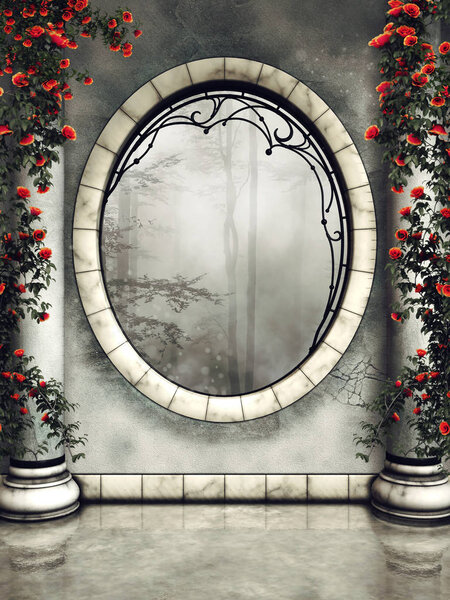 Ornamented gothic window and marble columns with roses and green vines. 3D render.