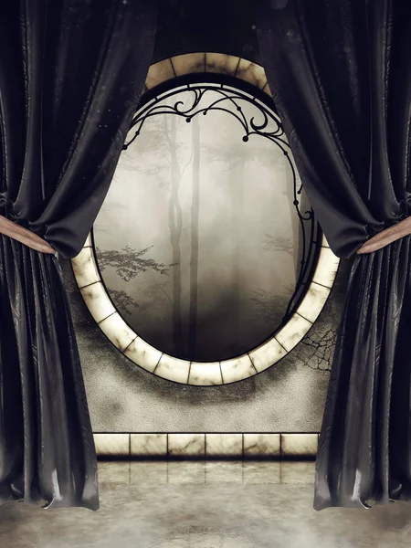 Ornamented vintage window in an old room with long black velvet curtains. 3D render.