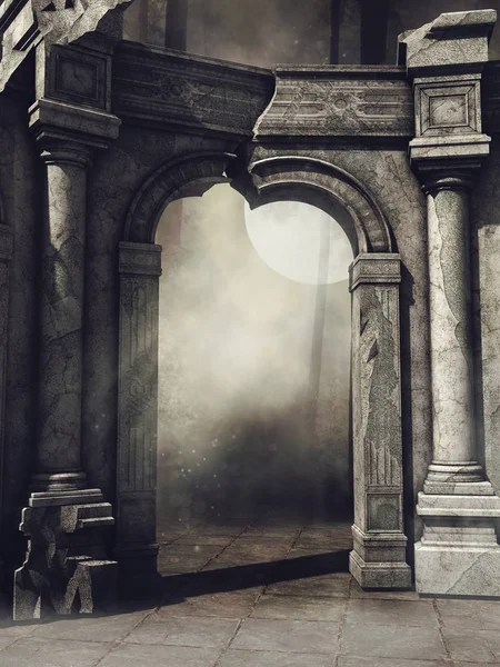 Ruins Old Gothic Gate Forest Night Render — Stock Photo, Image