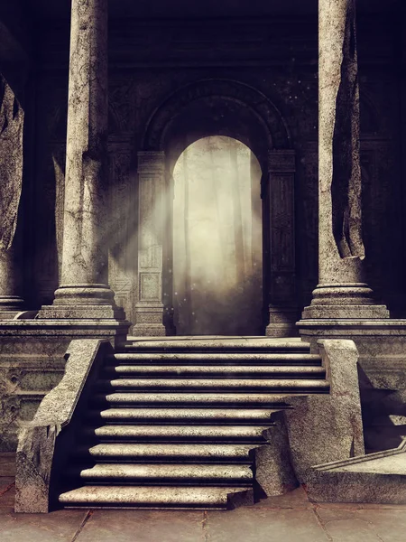 Escena Nocturna Con Ruinas Antiguo Templo Bosque Oscuro Renderizado — Foto de Stock
