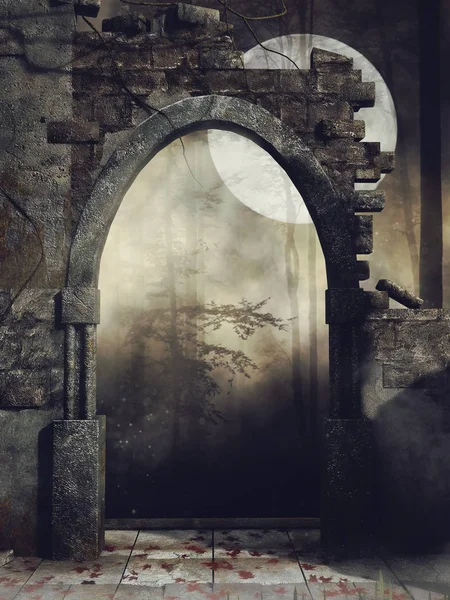 Dark Scene Old Stone Ruined Wall Woods Render — Stock Photo, Image