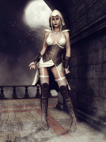 Night Scene Young Female Assassin Lurking Courtyard Gothic Castle Render — Stock Photo, Image