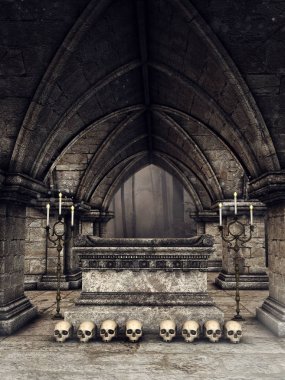 Dark gothic crypt with human skulls, candles and a stone sarcophagus. 3D render. clipart