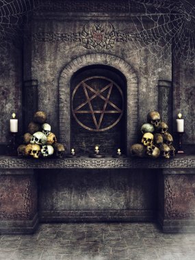 Dark stone altar with skulls, candles, cobwebs, and an occult pentacle. 3D render.