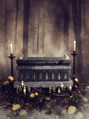 Dark forest scene with a gothic altar, candles, skull and bones scattered around it. 3D render. clipart