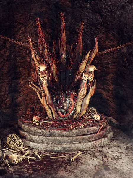 Spooky Throne Skulls Pieces Flesh Underground Cave Render — Stock Photo, Image