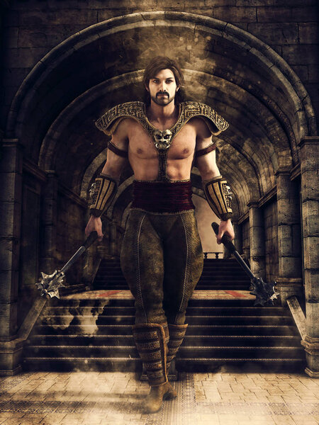 Fantasy male warrior walking through a dark corridor in a medieval castle. 3D render.