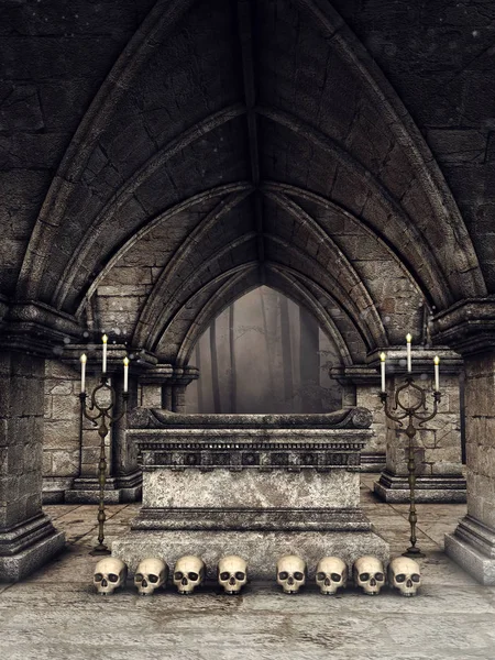 黑暗的哥特式墓穴与人的头骨 蜡烛和石棺 — 图库照片