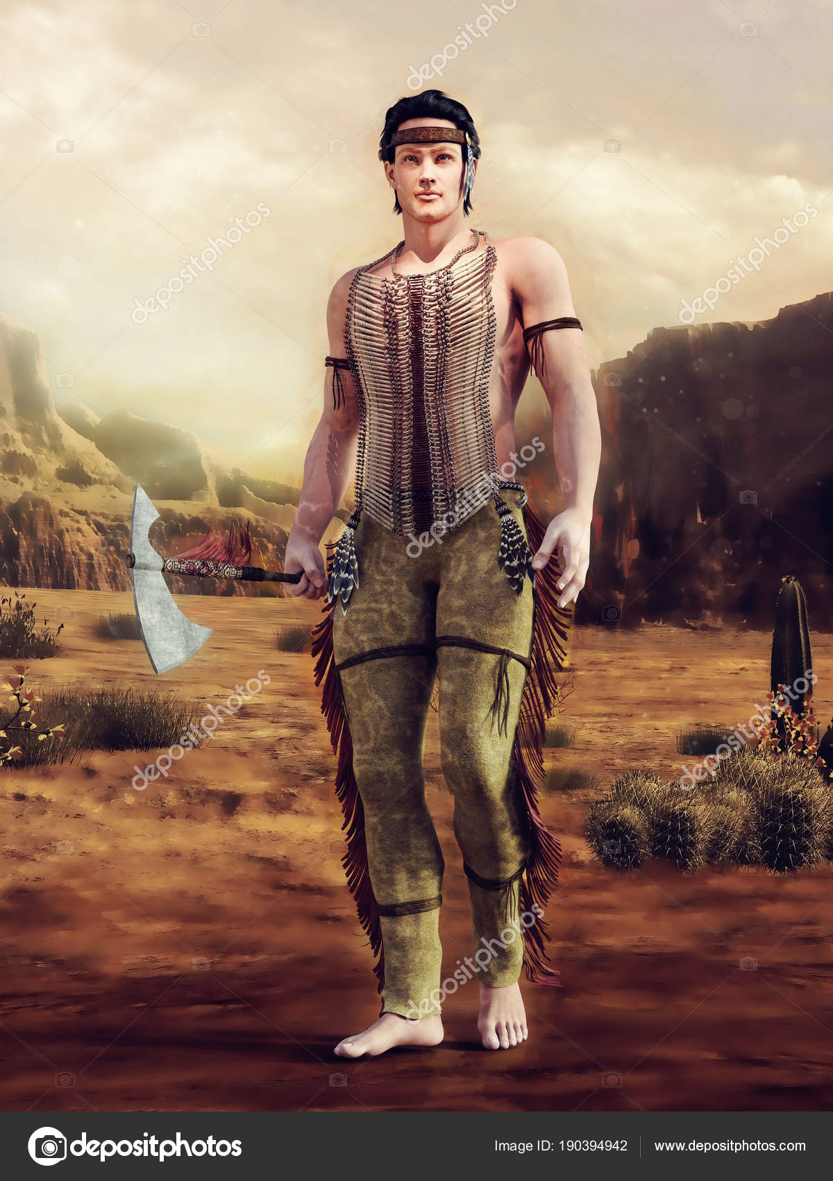 Joven Guerrero Nativo Americano Con Tomahawk Renderizado — Foto de stock  #190394942 © FairytaleDesign, image size:1200x1700