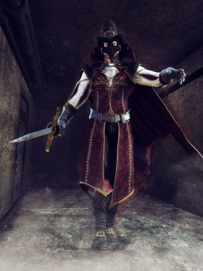 Karanlık bir koridor içinde bir kılıçla maskeli adam Victoria kıyafeti. 3D render.