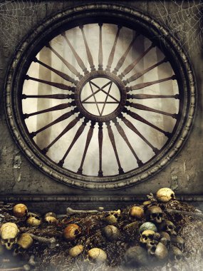 Gotik penceresi bir pentagram, örümcek ağları, kafatasları ve kemikleri ile süslenmiştir. 3D render.
