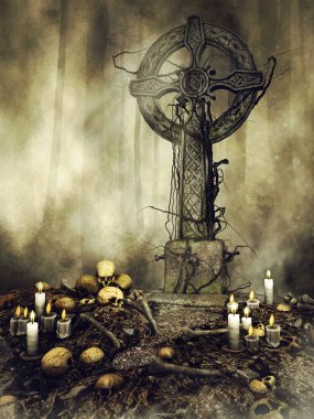 Kafatasları ve mum gece ormanda Gotik mezar taşı. 3D render.