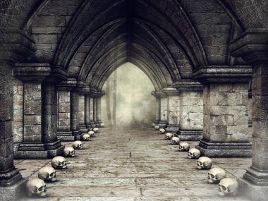 İnsan kafatasları ve örümcek ağları ile Gotik bir kale karanlık koridorda. 3D render.