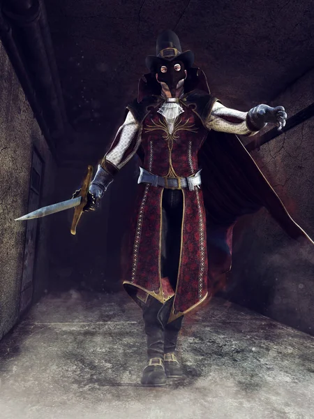 Masked Man Victorian Outfit Sword Dark Corridor Render — Stock Photo, Image