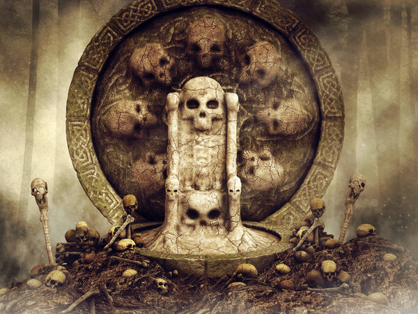 Тёмная сцена с троном из кости в окружении черепов. 3D рендеринг
.