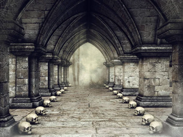 在哥特式城堡里有人类头骨和蜘蛛网的黑暗走廊 — 图库照片
