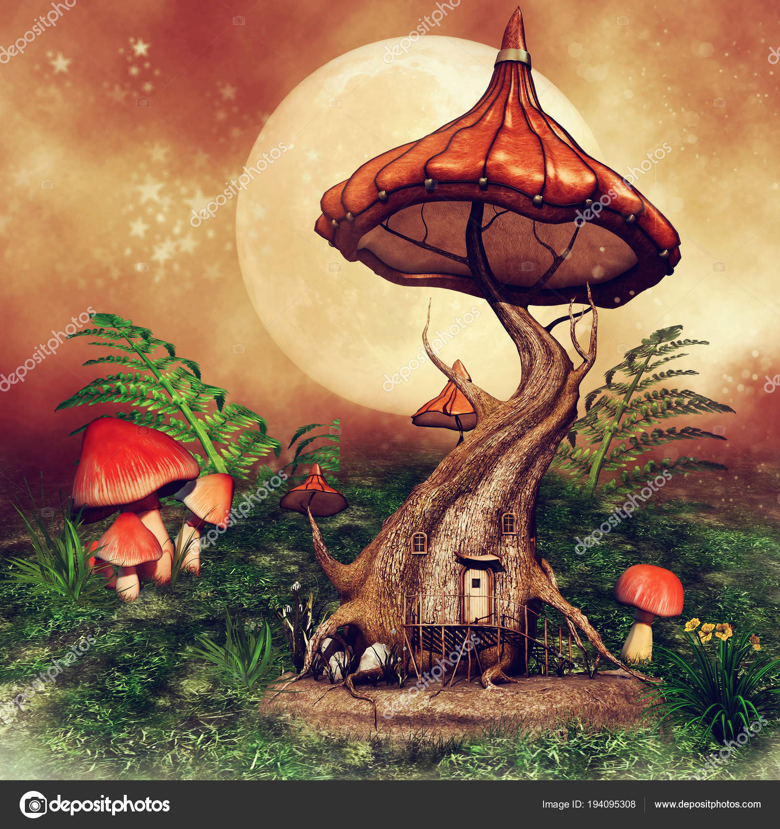 Colorful Fantasy Tree Cottage Mushrooms Fern Green Meadow Render