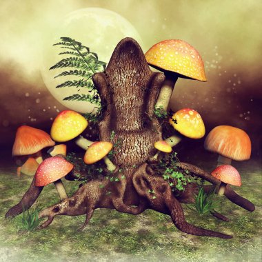Fairytale ağaç tahta renkli mantar ve yeşil çayır üzerinde fern. 3D render.