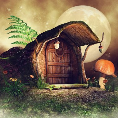 Fantezi ağaç gövde yazlık yeşil fern, mantar ve rengârenk çiçekler. 3D render.