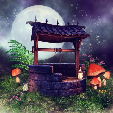 Night scene with a colorful wishing well, mushrooms, fern and flowers. 3D render. clipart