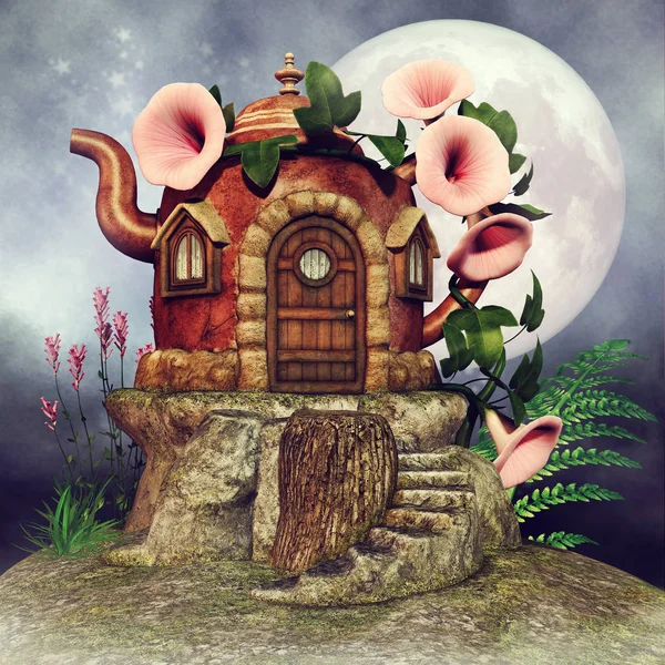 梦幻茶壶的童话小屋在夜里 带着月亮 花和绿蕨 — 图库照片