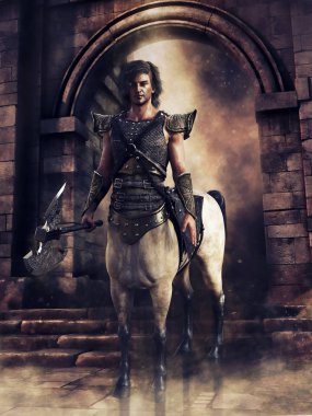 Fantezi Centaur savaşçısı elinde baltayla kale kapısının önünde duruyor. 3d hazırlayıcı.