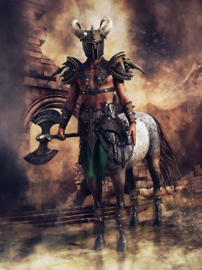 Centaur savaşçısı savaş zırhı ve miğferi giyiyor ve elinde bir balta tutuyor. 3d hazırlayıcı.